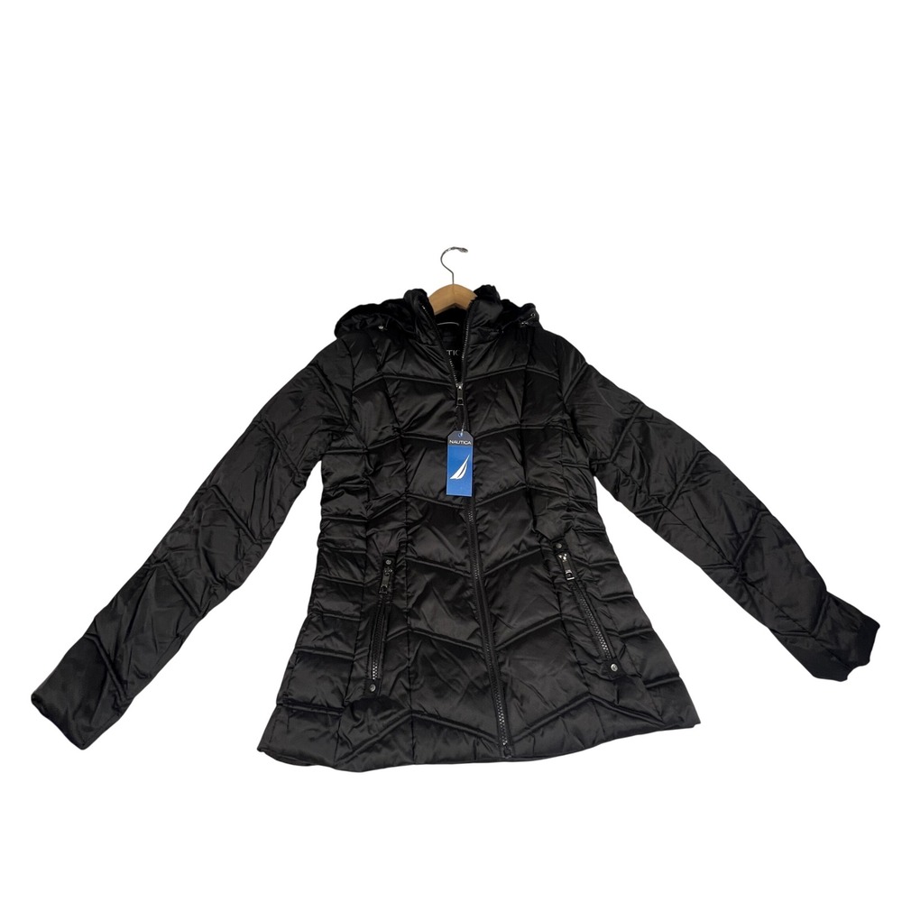 Nautica Womens Black Water Resistant Puffer Jacket Detachable Hood Small NEW